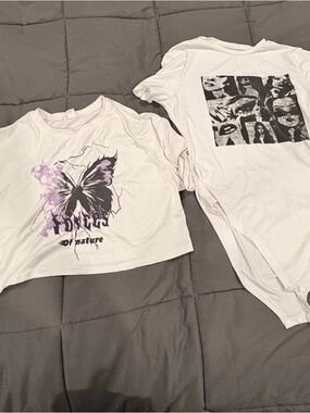 SHEIN White Graphic Butterfly Tee with Purple Accents